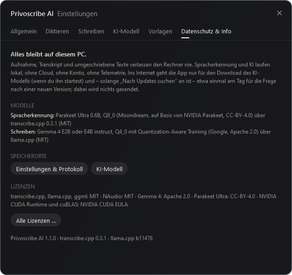 Einstellungen von Privoscribe AI, Seite Datenschutz & Info: Alles bleibt auf diesem PC.