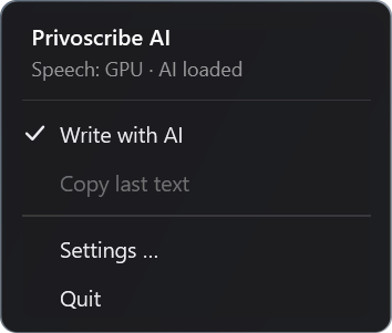 The menu of Privoscribe AI with Write with AI ticked