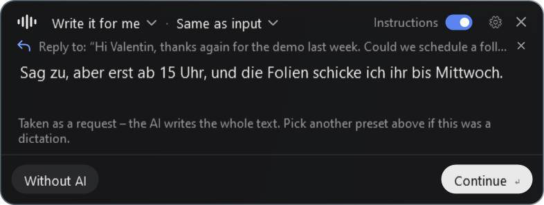 The card showing “Reply to” a copied English email and the spoken request
