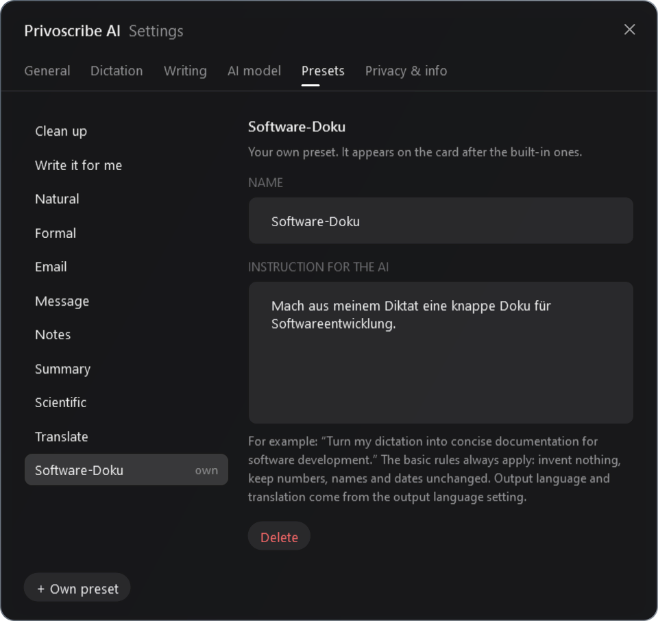 Settings, Presets: the ten built-in presets and one of your own on the left, its name and instruction on the right