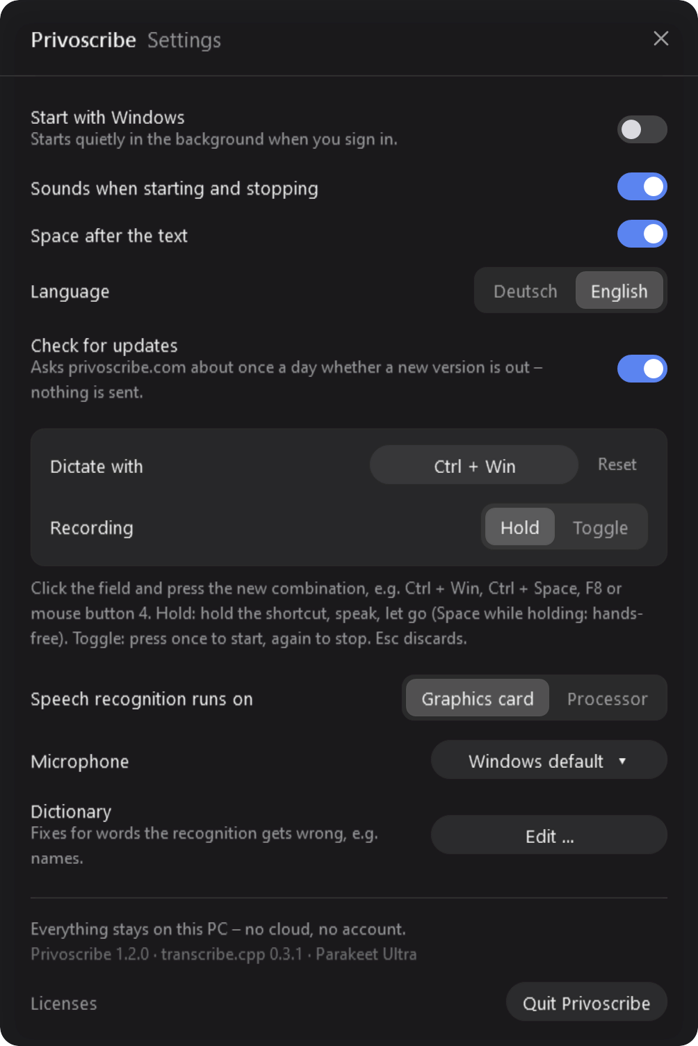 The settings of Privoscribe