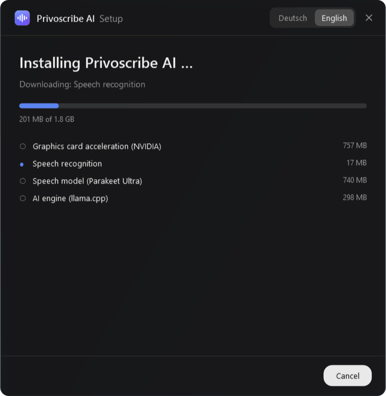 The Privoscribe AI installer downloading: graphics acceleration (NVIDIA), speech recognition, speech model (Parakeet Ultra) and AI runtime (llama.cpp).
